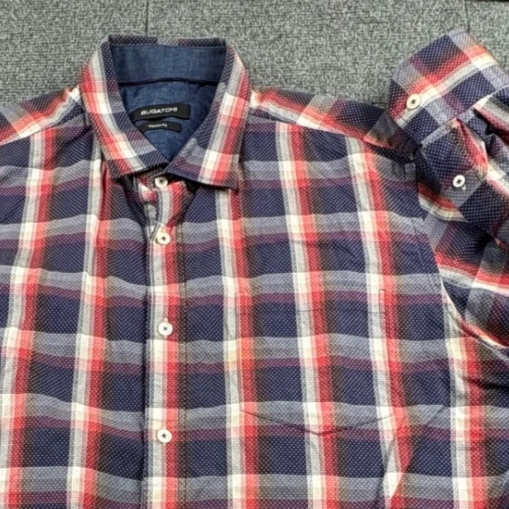 Bugatchi Mens Large Classic Fit Plaid Micro Dot Cotton Button Down Shirt Navy